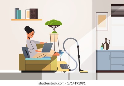 woman freelancer using laptop working at home during coronavirus quarantine self-isolation freelance social distancing concept living room interior horizontal full length vector illustration