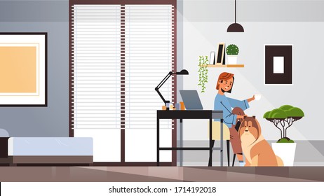 woman freelancer using laptop working at home during coronavirus quarantine self-isolation social distancing concept living room interior horizontal full length vector illustration