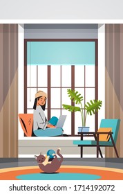 woman freelancer using laptop working at home during coronavirus quarantine self-isolation freelance social distancing concept living room interior full length vertical vector illustration