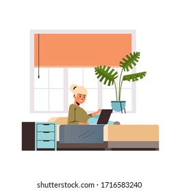 woman freelancer using laptop working at home during coronavirus quarantine self-isolation freelance social distancing concept full length vector illustration