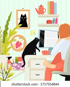 Woman freelancer work from home sitting barefoot at home office, work remotely, study internet. Homy detailed interior design, black cat sit on desk with computer screen. Vector flat cartoon.