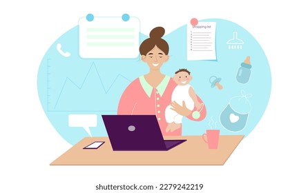 Mujer independiente trabajando desde casa con su hijo. Equilibrio entre trabajo y maternidad. Ilustración del vector