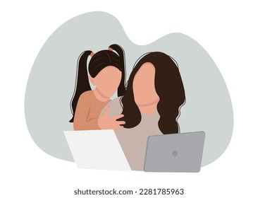 Woman freelancer working from home with child. Single mom taking care of her daughter alone. Single parent family. Vector illustration