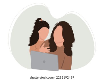 Woman freelancer working from home with child. Single mom taking care of her daughter alone. Single parent family. Vector illustration