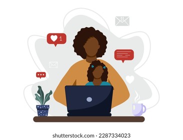 Woman freelancer working from home with child. Single mom taking care of her daughter alone. Single parent family. Vector illustration