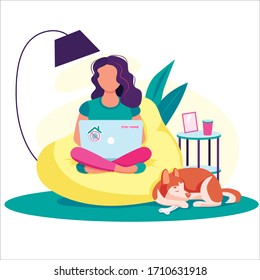 Woman freelancer working at home at the computer with dog. Stay home concept. Flat stock vector illustration isolated on white background.