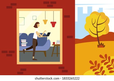 Woman freelancer working from home. Illustration of half a house and a street. Autumn cute illustration in flat style.