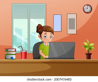 A woman freelancer working with laptop sitting at workplace