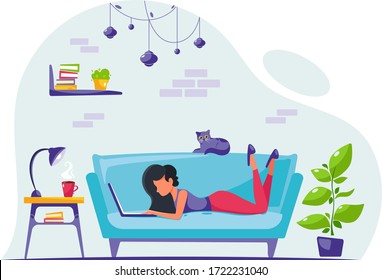 Woman freelancer working on  laptop at home. Remote work. Home Office. Vector illustration in a flat style.