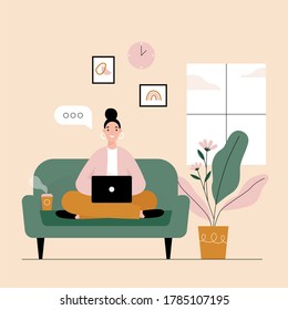 Mujer independiente trabajando en laptop en casa. Trabajo remoto en casa en cuarentena. Ilustración vectorial de estilo plano.

