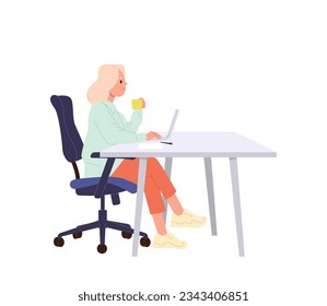 Woman freelancer working on laptop drinking coffee at office table desk isolated on white background