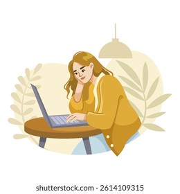 Woman freelancer working on laptop in a cafe, flat graphic style, indoor background with plants and lamp. Concept of remote work. Vector illustration