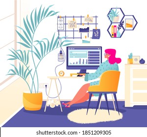 Woman freelancer works at home at the computer. Remote work concept, self-employment or telecommuting during quarantine. Cozy interior of modern apartment, character in flat cartoon style.