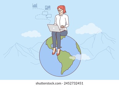 Woman freelancer works for international company via internet, sits on globe with laptop on lap. Successful freelancer girl manages global business in different countries via computer