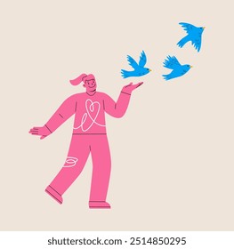 Woman frees bird. Recovering after psychological trauma or depression. Colorful vector illustration
