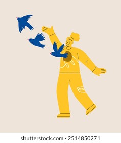 Woman frees the birds from her chest. Manipulation or dependence. Colorful vector illustration
