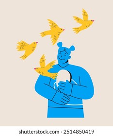 Woman frees the birds from her chest. The psychological concept of mental health. Colorful vector illustration
