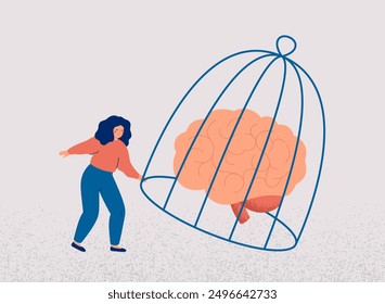 Woman frees her mind from a cage for new ideas, life experience, exploration, looking for opportunity. Girl opens for new horizons and to analysing information without prejudice. Vector illustration