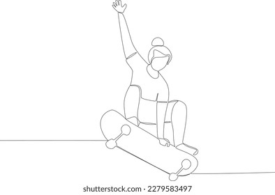 woman freestyle skateboarding. Skateboarding one-line drawing