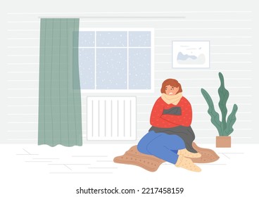 Woman freezes and sits near cold battery. Snow is outside the window, cold season. Female wrapped up in sweater and scarf hugs herself. Crisis and economy concept. Vector illustration.