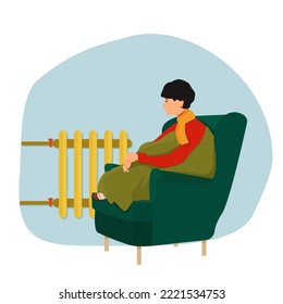 A woman is freezing at home.  In the cold season, the household heater does not warm enough. Vector illustration.