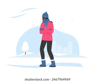 Woman freezing on city street in cold winter weather, girl walking in frozen park vector illustration