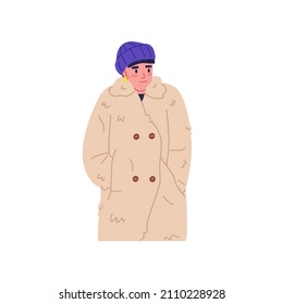 Woman freezing, shivering in hat and fur coat. Frozen person in cold winter weather and frost, shaking from low temperature. Female in outerwear. Flat vector illustration isolated on white background