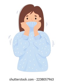 Woman freezing wearing wrapped in warm sweater and shivering. Cartoon flat vector illustration. Concept disease, winter season, cold and suffering of low degrees temperature.