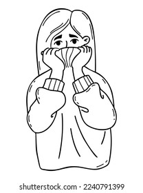 Woman freezing wearing wrapped in warm sweater and shivering. Vector linear hand drawing. Concept disease, winter season, cold and suffering of low degrees temperature