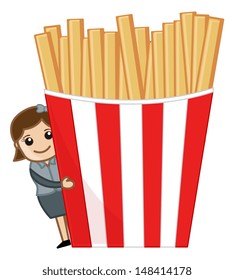 Woman with French Fries - Cartoon Business Vector Character