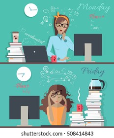 Woman fresh and ready to work at Monday morning and thick and tired at Friday evening banner. Girl at the beginning and at the end of the week. Part of series of daily routine of the week. Vector.