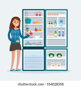 Woman With Fridge. Open Refrigerator With Food. Flat Style Vector Illustration.