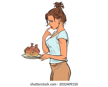 Woman with fried chicken or turkey, weight loss diet