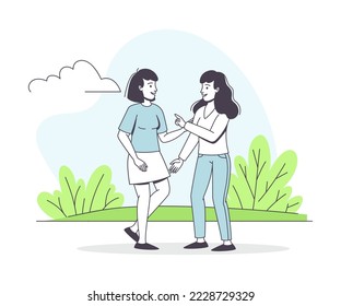 Woman Friend Character Walking in the Park and Talking Outline Vector Illustration