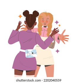 Woman Friend Hugging Meeting Each Other Feeling Joy Vector Illustration