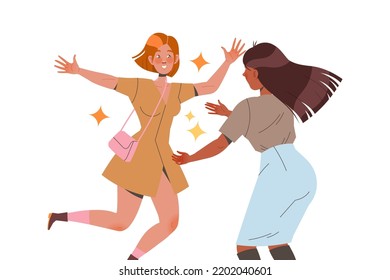 Woman Friend Hugging Meeting Each Other Feeling Joy Vector Illustration