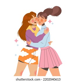 Woman Friend Hugging Meeting Each Other Feeling Joy Vector Illustration
