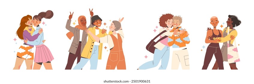 Woman Friend Hugging Meeting Each Other Feeling Joy Vector Illustration Set