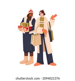 Woman friends during Christmas shopping, standing with bags and gift boxes in hands. Happy couple of girlfriends at Xmas eve. Winter holidays preparations. Flat vector illustration isolated on white