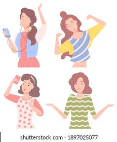 Woman friends posing vector, isolated female character with smartphones in hands. Lady taking selfie, person listening music on phone, girl winking, confused personage