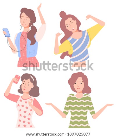 Woman friends posing vector, isolated female character with smartphones in hands. Lady taking selfie, person listening music on phone, girl winking, confused personage