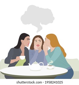 Woman friendship, girls gossip with cup of coffee. Friends hang out together, lady surprise expression from gossiping, vector illustration