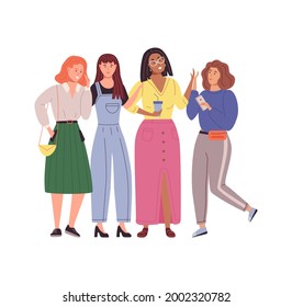 Woman friendship group girls hold hands, chat, hug, hold cup with coffee. Happy female friends photographing on mobile phone, joke, have fun, jump up. Girls power, friends spend time together vector