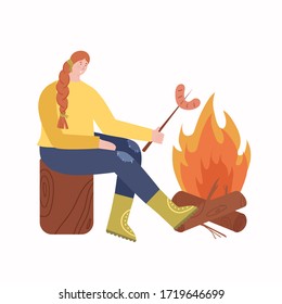 Woman fries sausages at the stake. Outdoor recreation. Vector illustration.