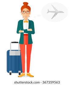 Woman frightened by future flight.