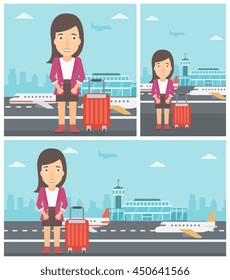 Woman frightened by future flight. Woman standing at airport and suffering from fear of flying. Phobia, fear of flying concept. Vector flat design illustration. Square, horizontal, vertical layouts.