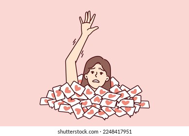 Woman with frightened face raises hand asking for help when drowning in large number of likes. Icons with hearts symbolize addiction to social networks and dating apps on Internet. Flat vector image 