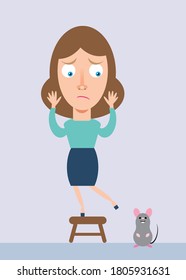 Woman frightened of rat or mouse standing on stool