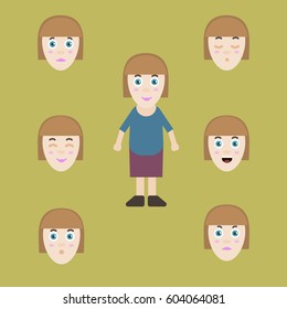 Woman with fringe expressing different emotions, set of female avatar with body