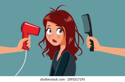 Woman With Frizzy Hair Ready for a Make-Over Vector Illustration. Sad girl with tangled coiffure about to receive hair treatment from hairdressers 
